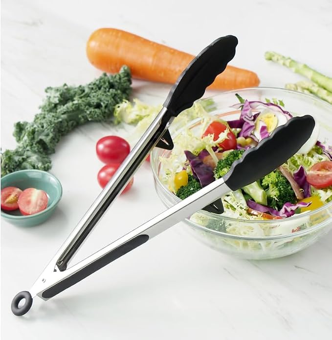 12" Kitchen Tongs for cooking with Silicone Tips, 3Pcs Serving Tongs, Black | Small Silicone Tongs mit kickstand, Food Grade, 3 different type of tongs, Stainless Steel