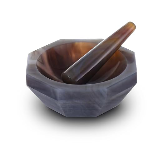Agate Mortar and Pestle Set - Polished Brazilian Agate Grinder for Lab Grinding, Internal Diameter 70 mm, Depth 21 mm, Hardness 7-7.2