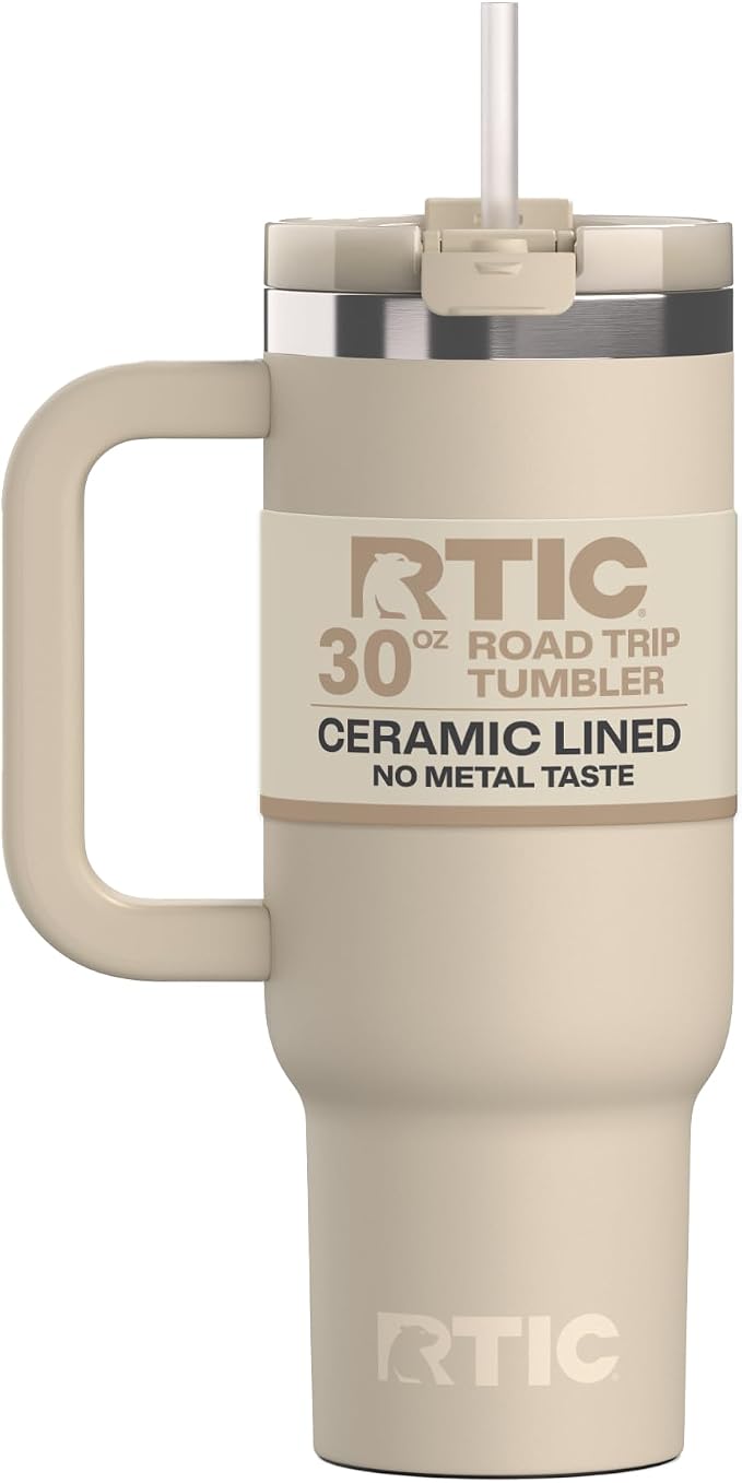 RTIC 30oz Road Trip Tumbler, Insulated, Ceramic Lined, Beach | with Lid, Handle and Straw, Stainless Steel Metal Cup, Portable for Hot and Cold Drinks, Coffee, Car, Camping, Travel