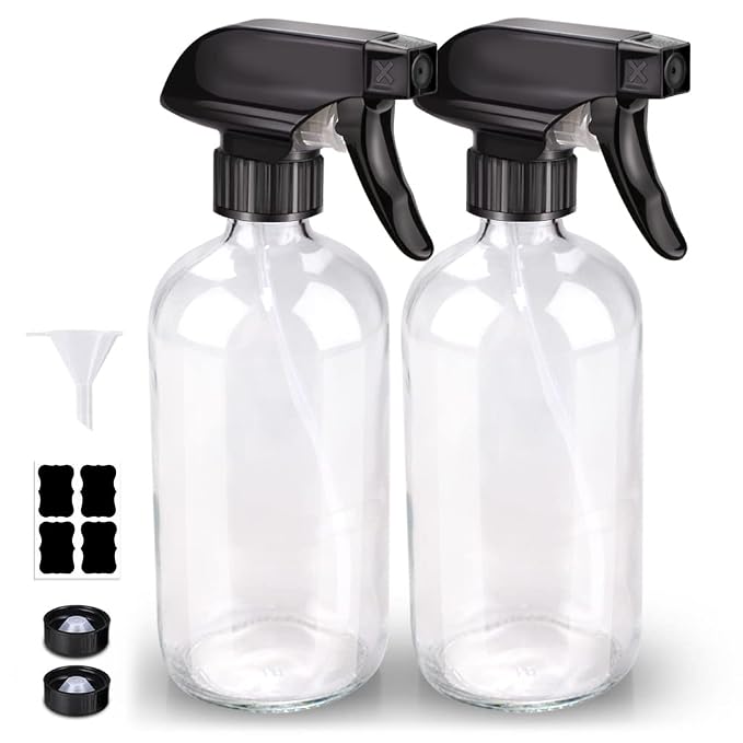 Bontip Glass Spray Bottle 16 oz for Cleaning, Plants (2 Pack, Transparent) | Refillable clear spray bottle Set, BPA-free eco glass, With labels and funnel, Great for cleaners, plant misting, hair care