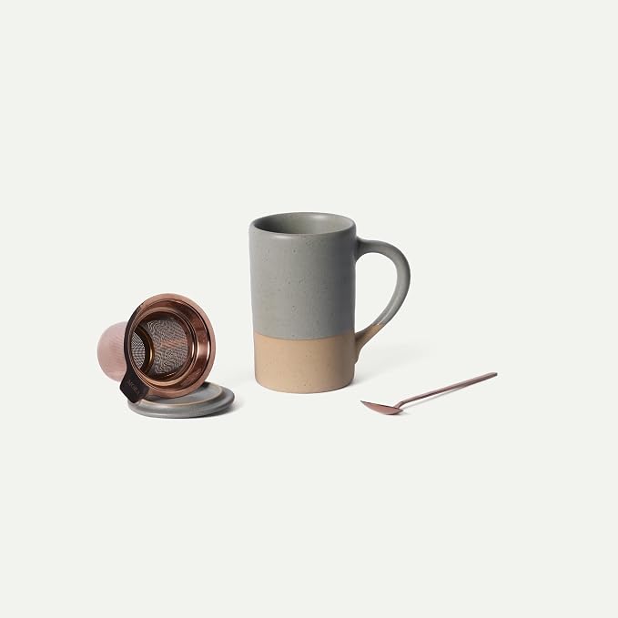 Mora Ceramics Tea Cup with Loose Leaf Infuser, Spoon and Lid, 12 oz, Microwave and Dishwasher Safe Coffee Mug - Rustic Matte Ceramic Glaze, Modern Herbal Tea Strainer - Great Gift for Women, Pepper