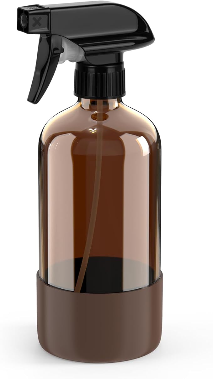 Bontip Amber Glass Spray Bottle, 16 oz with Brown Silicone Sleeve, 1 Pack | Refillable amber glass bottle, With protective silicone sleeve, BPA-free, UV shielding, Great for cleaning solutions,plants