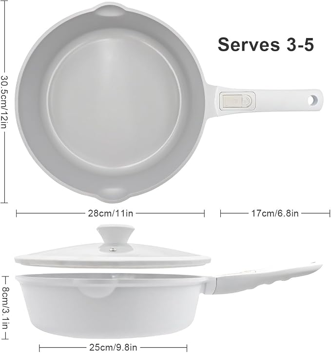AIKENBBKK 12 Inch Deep Frying Pan Skillet with Lid, Non Stick Ceramic Frying Pans, 5 QT Nonstick Saute Pan with Detachable Handle, Compatible with All Stoves, Oven Safe, PTFE & PFAS-Free, White