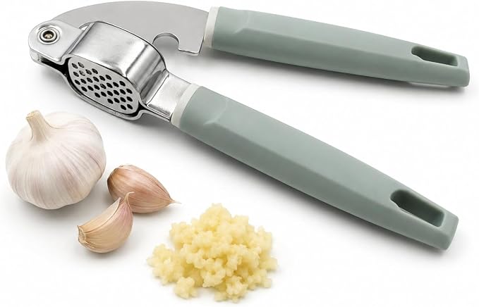 Garlic Press Stainless Steel, Easy-Squeeze Garlic Mincer with Ergonomic Handle, No Need to Peel, Large Capacity Crusher, Heavy Duty, Rustproof & Dishwasher Safe