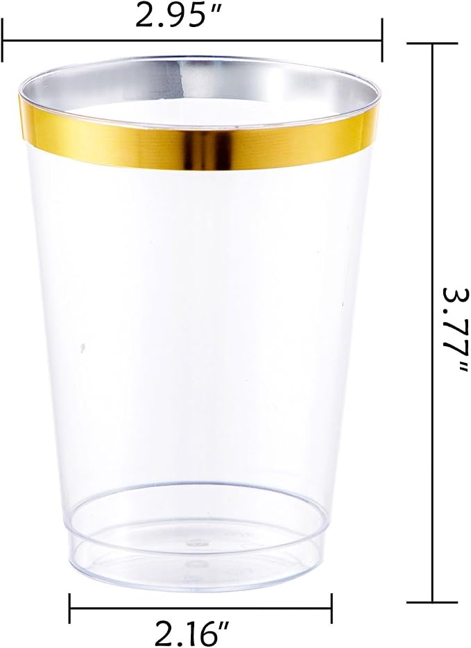 I00000 100 Pcs Gold Plastic Cups,10 oz Clear Plastic Cups with Gold Trim, Beer Mugs，Disposable Hard Cup For Party, Premium Cup Perfect for Wedding & Party