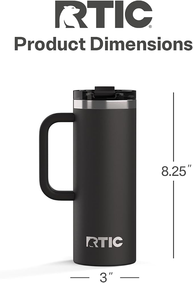 RTIC 20oz Road Trip Travel Mug with Lid and Handle, Ceramic Lined, Black | Stainless Steel Metal, Insulated Travel Cup for Hot and Cold Drinks, Coffee, Car, Camping and Travel