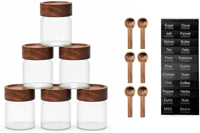 6‑Pack Small 6 Fl Oz (177 ml) Glass Jars w/Wood Lids & Spoons | Built‑in PP insert & silicone seal, airtight for oats, yogurt, spices, chia pudding & pantry