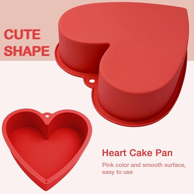 Alimat PluS 8 Inch Heart Shaped Cake Pans Set of 2 with Hanging Hole(Red) | Silicone Material