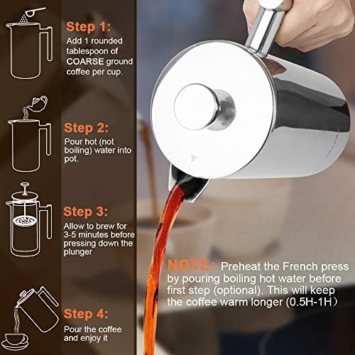 Secura Bundle Stainless Steel French Press Coffee Maker with 6 Replacement Screens, 34 Ounces, Silver