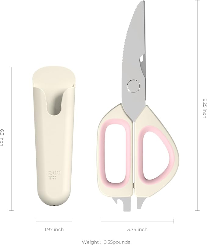Zuutii Magnetic Kitchen Scissors, Heavy Duty Multi-Purpose Cooking Shears - Dishwasher Safe, Comfort Grip with Safety Lock Food Scissors for Chicken Bones, Herbs, Poultry, Vegetables, Begie&Pink