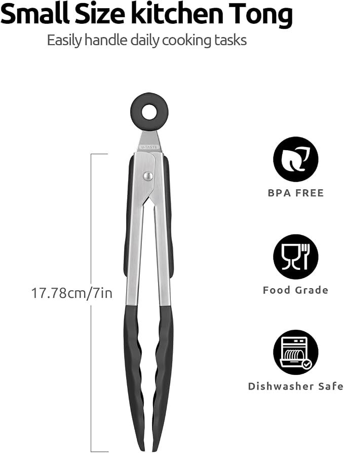 U-Taste Kitchen Tong for Cooking, 600ºF Heat-Resistant Silicone, 7in/Black | Small Mini Silicon Tongs for Serving Food, Short Salad Thong with Non Stick Rubber Tips & 18/8 Stainless Steel Handle