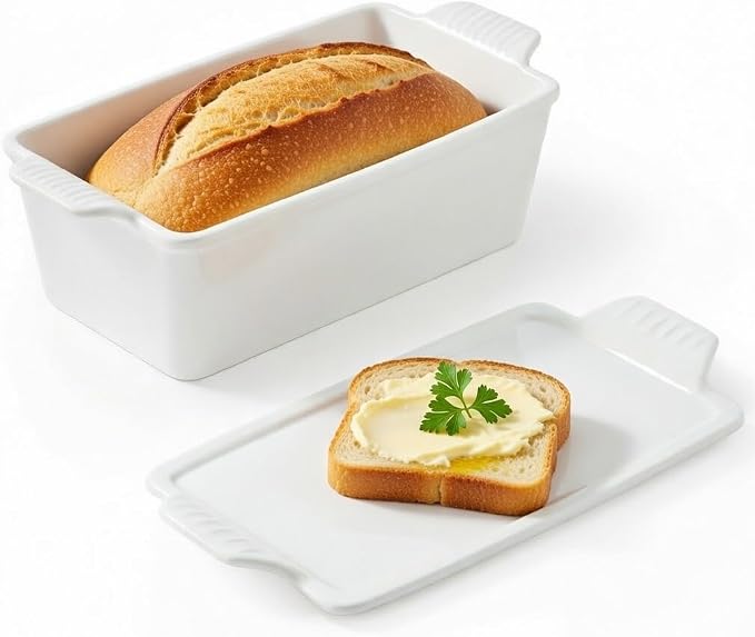 Ceramic Loaf Pan with Lid - 1.58 Qt Deep Bread Pan (10.94" x 5.23"), 2-in-1 Baking Dish for Homemade Bread Banana Bread Meatloaf, Oven Safe to 500°F, Dishwasher Freezer Safe, White