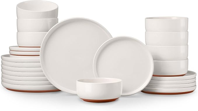 E-far 24-Piece Stoneware Dinnerware Sets, Plates and Bowls Sets for 8, Ceramic Dishware Dishes Set with Terracotta Base, Chip & Scratch Resistant, Microwave & Dishwasher Safe, Speckled White