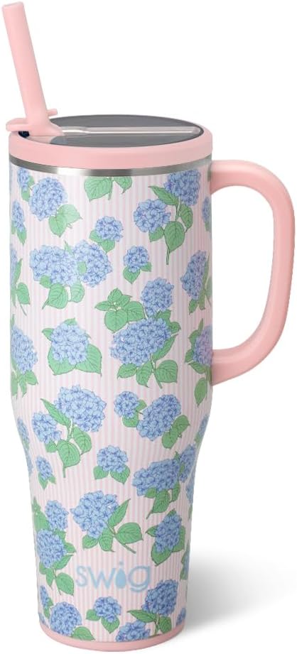 Swig Life 40oz Leakproof Mega Mug with Handle & Straw, Hydrangeas | Leakproof Lid - Triple Insulated Stainless Steel - Handle & Straw Included - Cup Holder Friendly - Dishwasher Safe