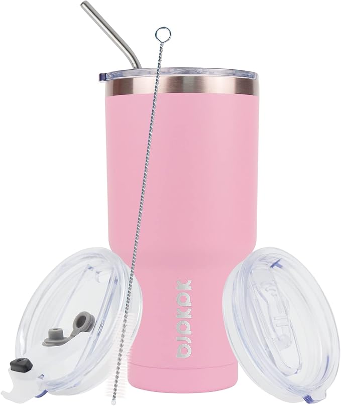 BJPKPK 30 oz Tumbler with Lid and Straw, Insulated Stainless Steel Cup | Double Wall Vacuum, BPA Free, Leak Proof, Keeps Hot/Cold, Travel & Beach Ready, Car Holder Fit, Light Pink