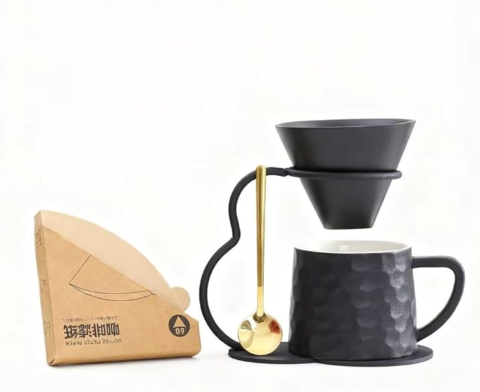 Pour Over Coffee Maker set,Ceramic Coffee Maker With V60 40 pcs Paper Filter，Metal Stand 9oz 270ml mug Pour Over Coffee Dripper Black