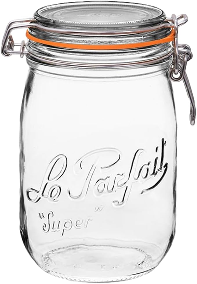 Le Parfait Super Jar 1L (32oz) Glass Canning Jar, Wire Bail Lid, 1 Pack | Airtight rubber seal for canning, preserving pickles, sauces and whole fruit, fermentation and pantry storage; Made in France