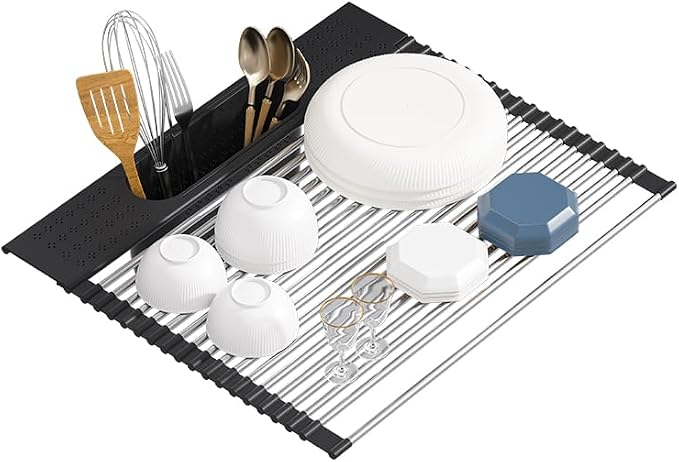 Roll Up Dish Drying Rack Over Sink, 20" X 15.2" Foldable SUS304 Stainless Steel Kitchen Dish Drainer, Heat-Resistant Multipurpose Rolling Sink Rack Organizer, Black