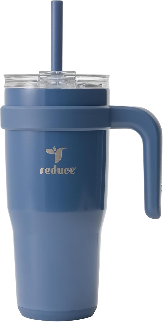 REDUCE 24oz Stainless Steel Tumbler w/Handle - Dishwasher Safe Travel Mug | Dual-wall vacuum insulated, sweat-proof lid, reusable straw, keeps drinks cold for 24 hrs, fits cupholders, Mineral Blue