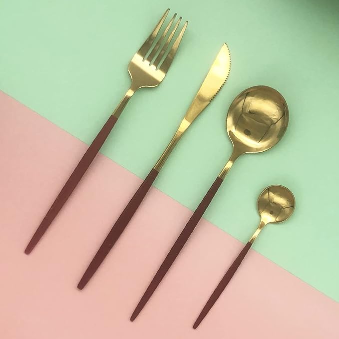 Gold Silverware Set, 24-Piece Stainless Steel Flatware Set Service For 6, Mirror Polished Red Handle Tableware Cutlery Set Knife Fork And Spoon For Home & Restaurant, Dishwasher Safe