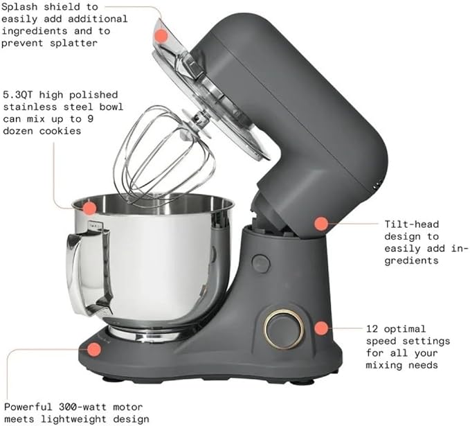 Wonderful Kitchen Stand Mixer 5.3 Qt Bowl, 12 Speeds Tilt-Head, Dough Hook Flat Beater Whisk for Baking Tasks Metal Build for Baking (Oyster Grey)