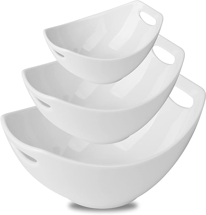 Gomakren White Serving Bowls for Entertaining, Porcelain Bowl with Handles | Set of 3 - 15/28/47oz, Multi-Size Nesting Bowls, Microwave Dishwasher Safe, Stackable Storage, Party Housewarming Gift