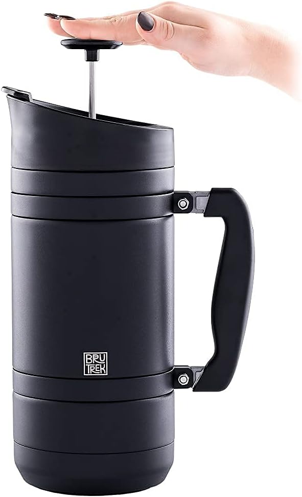 BruTrek by Planetary Design | BaseCamp French Press | 48 fl.oz - Obsidian | Double Wall Insulated Stainless Steel - Bru-Stop Technology, No Grounds in Coffee, No Spill Lid (Obsidian, 48 fl.oz)