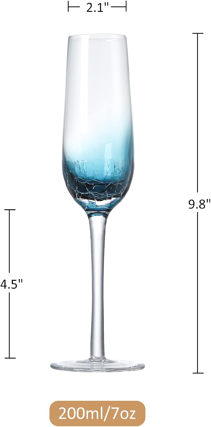 Joeyan Handmade Blue Crackle Champagne Flutes Glasses,Unique Aesthetics Glassware Art Decoration,Home Bar Essentials and Gifts for Wedding Anniversary,Set of 2,6.5 oz