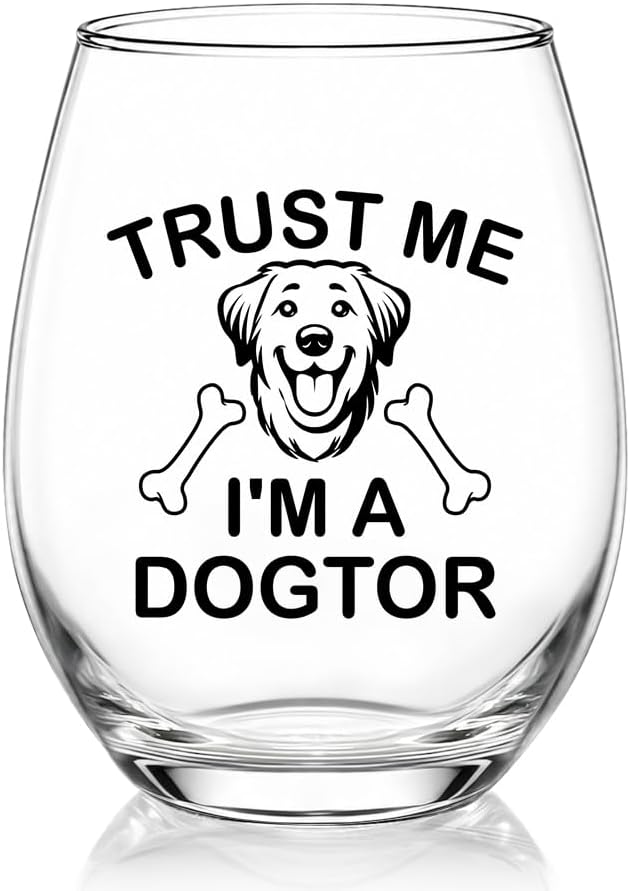 Trust Me I’m a Dogtor Stemless Wine Glass, Cute Puppy Graphic Wine Glass, Veterinary Pun Drinking Glasses for Women Men, Christmas Birthday Gifts for Dog Lover, 15oz Crystal Clear Glassware
