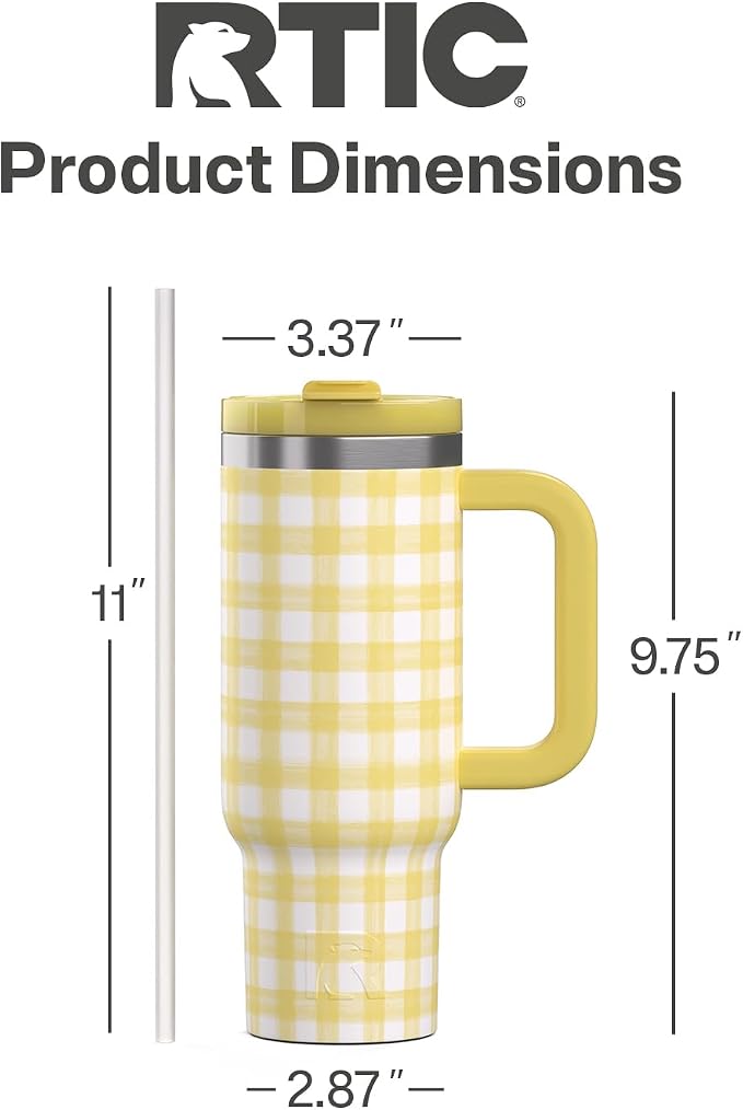 RTIC 30 oz Road Trip Tumbler Double-Walled Ceramic Lined InsulatedStainless Steel Portable Travel Coffee Mug Cup with Lid, Handle and Straw, Sunlight Gingham