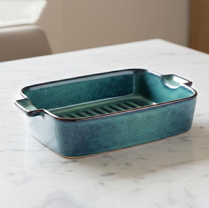7.1 x 5.9 inch baking pan, 16.9 ounces, rectangular baking pan, ceramic pan, cake pan with handle, suitable for roasting vegetables/meats, lasagna, kitchen, dining room, hazy green.