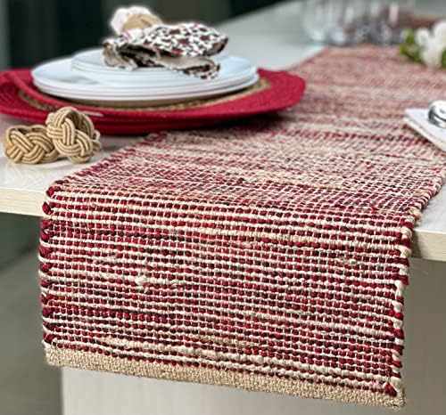 Natural Jute Table Runner 13x72 Inch – Vintage Boho Rustic Table Decor – Handwoven Table Runner in Natural Jute and Red – Farmhouse Dining or Console Table Accent
