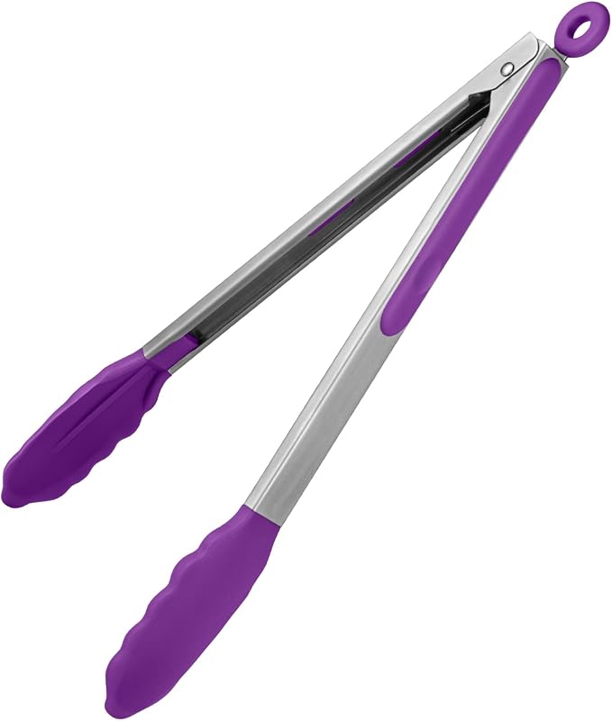 U-Taste Kitchen Tong for Cooking, 600ºF Heat-Resistant Tps, 12in/Purple | Large Tongs for Serving Food, Big Rubber Tong for Grill/BBQ, Silicone Tips & 18/8 Stainless Steel Handle, Smooth Locking