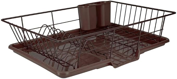 Sweet Home Collection Metal Dish Rack Drainer 3 Piece Set with Drying Board and Utensil Holder, 12" x 19" x 5", Bronze