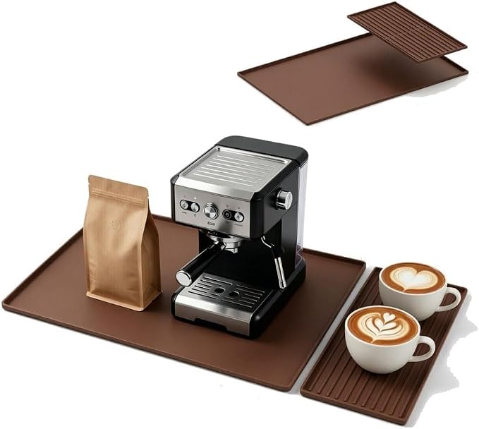 Silicone Coffee Mat 24 x 16 in with Tray, Classic Coffee Brown | Coffee bar mat for countertop use, coffee station mat or coffee machine mat with removable tray and 0.47 in raised rim.