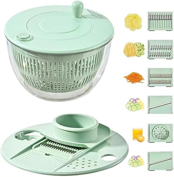 Ceruaxb Salad Spinner Chopper, 5.3 Qt Lettuce Dryer with 5 Blades, Green | Vegetable and Fruit Wash Bowl, Kitchen Colander, Egg Yolk Strainer, Slicing and Shredding, Rinsing, Draining and Food Prep