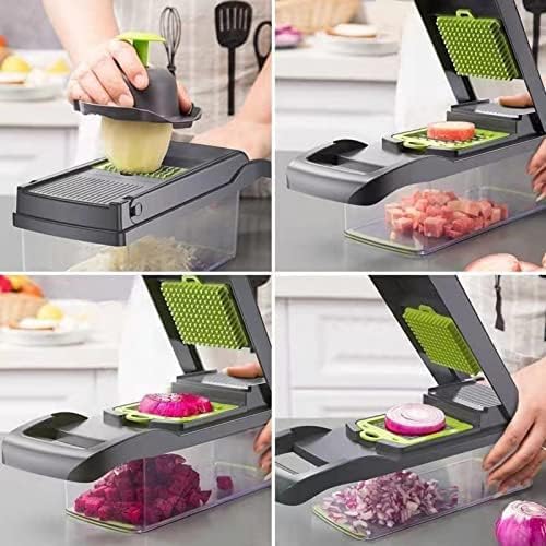 Vegetable Chopper, Onion Dicer & Mandoline Slicer with Container, black | Veggie Cutter with 8 Stainless Steel Blades & Drain Basket. Fast Food Chopper for Salad, Potato, Tomato, Cucumber & Carrot