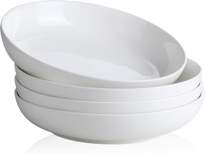 YHY Pasta Bowls Set of 4, 22 oz Ceramic Salad Plates, 7.8 Inch Wide Shallow Porcelain Dishes for Dinner, Microwave & Dishwasher Safe, White