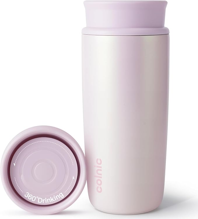 Travel Coffee Mug with 360°Lid, 12 oz Coffee Tumbler Insulated Travel Mugs for Hot and Cold, Vacuum Insulated Stainless Steel Coffee Cup Leak Proof Spill Proof-Pearl Nacre