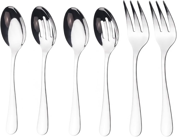 VIVANI 6-Piece Serving Spoons and Forks Set, 8.6 Inch Serving Utensils Set | 18/0 stainless steel, solid construction with weighted balanced handle, dishwasher safe for parties, buffet and catering
