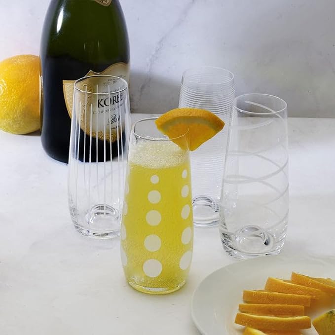 Mikasa Cheers Stemless Flutes, 7.5 Oz - Clear, Set of 4 | Lead-Free Crystal Drinkware with Dot, Line & Swirl Designs for Champagne, Prosecco, Cocktails & Mimosas, Dishwasher Safe