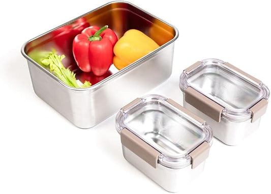 LocknLock Stainless Steel Food Storage Containers with Lids, Metal Lunch Boxes, Leak-Proof, Microwave, Freezer and Dishwasher Safe, 3-Piece Set, 2 x 520ml and 1 x 2800ml