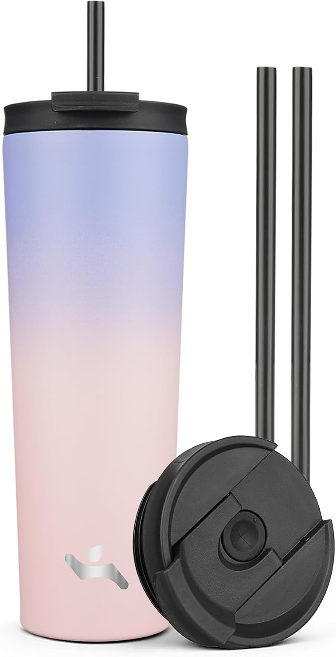 Konokyo 30 oz Insulated Tumbler Water Bottle with Straw Lid, Pastel Sunset | Stainless steel insulated tumbler for coffee, water and iced drinks; spill-proof lid, 2 straws, cup-holder friendly