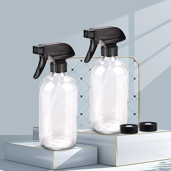 Bontip Glass Spray Bottle 16 oz for Cleaning, Plants (2 Pack, Transparent) | Refillable clear spray bottle Set, BPA-free eco glass, With labels and funnel, Great for cleaners, plant misting, hair care
