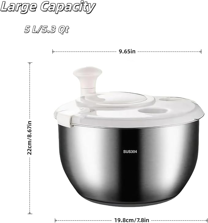 Stainless Steel Salad Spinner, 6L Salad Spinners Large Lettuce Spinner, with Drainage Basket Drainage Outlet Used for Cleaning and Drying Vegetables Food and Fruits Quick Spin Vegetable Fruit Spinner
