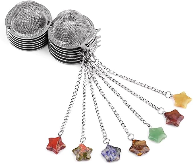 5 Pcs Stainless Steel Tea Ball Infusers with Star Natural Crystal Charms, Fine Mesh Tea Strainers with Extension Chain & Hook for Loose Leaf Tea, Spices, Seasonings
