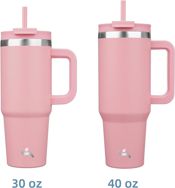 Konokyo 30 oz Insulated Tumbler Water Bottle with Handle, Straw Lid | BPA-free and dishwasher safe; made for gym, travel, coffee and gifting, 2 straws, cup holder friendly,Pink