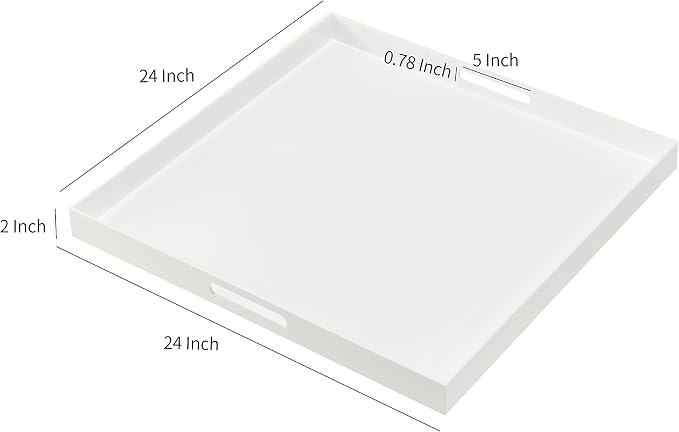 Oversize Extra Large King Size Bed Tray for eating Big Glossy White Acrylic Serving Tray with Handles 24x24 Inch -Spill Proof- Decorative Countertop Organizer for Ottoman,Bed,Party, Butler Tray