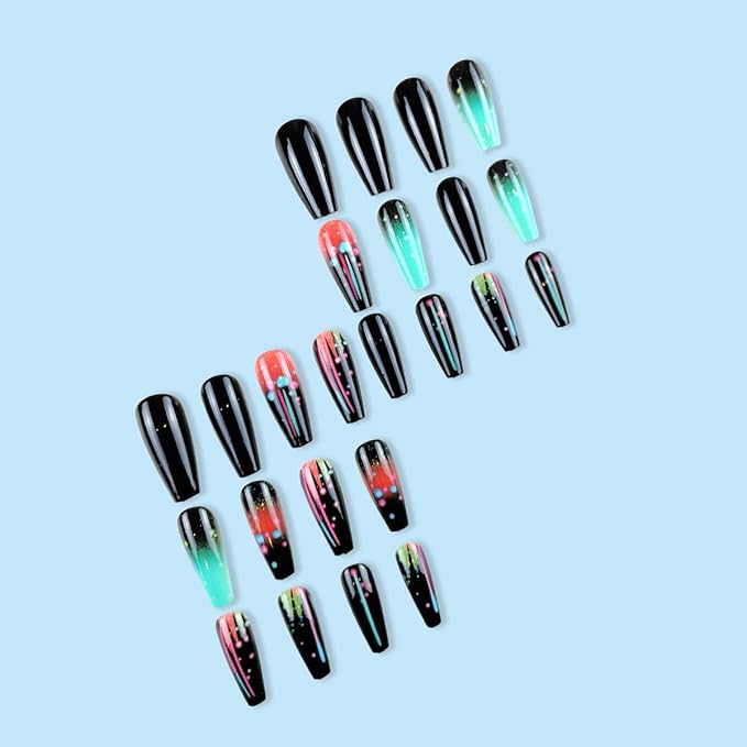 24Pcs Black Press on Nails Square WLGDLH Medium Coffin Fake Nails Press ons Nail Art Tips with Neon Gradient Design Cute Glossy False Nails Full Cover Repeatable Glue on Nail for Women 24Pcs