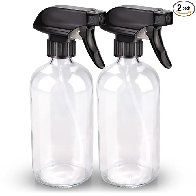 Bontip Glass Spray Bottle 16 oz for Cleaning, Plants (2 Pack, Transparent) | Refillable clear spray bottle Set, BPA-free eco glass, With labels and funnel, Great for cleaners, plant misting, hair care